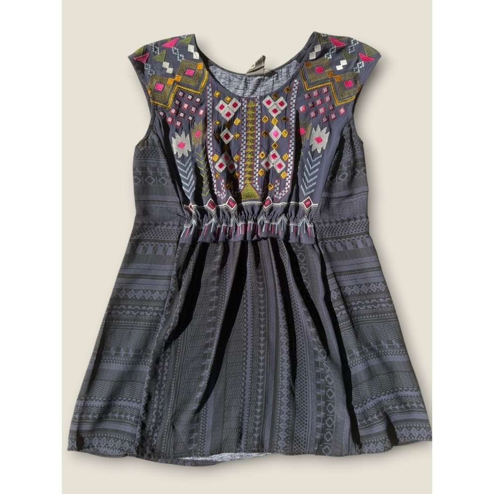 September Womens Boho Embroidered Empire Waist Tunic Top Grey Tribal Print Small